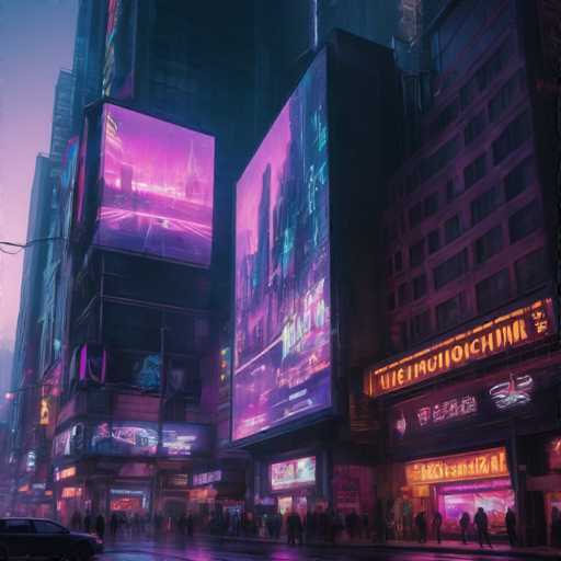 The image depicts a bustling city street at night, with tall buildings and neon signs lining the sidewalks. The perspective is from ground level, looking up towards the towering structures that reach for the sky. The street is filled with people walking along the sidewalk, adding to the lively atmosphere of the scene. The colors in the photo are predominantly purple and pink, creating a vibrant and energetic ambiance.