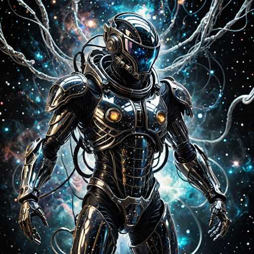 A futuristic, metallic humanoid figure dominates the image, clad in a sleek, dark suit with glowing orange accents. The figure is surrounded by swirling, ethereal energy tendrils and a vibrant, cosmic backdrop of stars and nebulas. The art style is highly detailed and digital, emphasizing a blend of technological and otherworldly elements with a focus on intricate textures and dynamic lighting.
