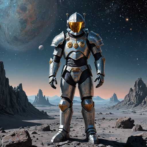 A lone, futuristic knight in gleaming silver armor stands on a desolate, rocky planet. The knight's helmet features glowing yellow visor, and ornate gold details adorn the armor. A distant, hazy planet hangs in the dark sky, while a small moon is visible in the background. The overall style is detailed and fantastical, evoking a sense of solitude and otherworldly adventure.