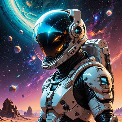 The image depicts an astronaut standing in a desert-like environment with a starry night sky above them. The astronaut is wearing a white spacesuit and helmet that have a blue tint to the visor. The background features planets of various sizes and colors, including red, orange, yellow, green, blue, purple, and black.