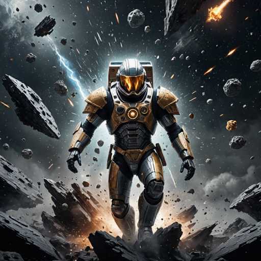 A lone, heavily armored figure strides amidst a chaotic scene of shattered asteroids and debris. The astronaut-like figure, clad in a golden and dark gray suit with glowing orange accents, is the central focus.  The background is filled with a dramatic explosion of space rocks and streaks of light, creating a sense of intense action. The art style is futuristic and digital, emphasizing a dynamic and slightly gritty aesthetic.