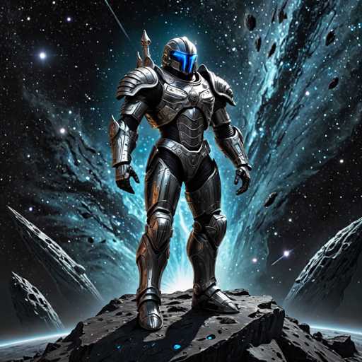A lone, heavily armored figure stands on a rocky platform amidst a cosmic scene. The figure is clad in sleek, metallic armor with glowing blue accents on the helmet and visor. Behind them, a swirling nebula of blue energy dominates the background, with several jagged asteroids scattered throughout. The overall art style is futuristic and dramatic, emphasizing a sense of isolation and power within the vastness of space.