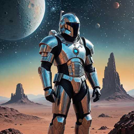 A lone, futuristic silver and black armored figure stands on a desolate, reddish-brown planet under a vast, starry sky. A large, pale blue moon dominates the upper left corner, while smaller, distant planets are visible in the background. Jagged, alien rock formations rise in the midground, and a hazy horizon suggests a distant landscape. The art style is highly detailed and realistic, with a focus on the intricate design of the armor and the otherworldly environment.