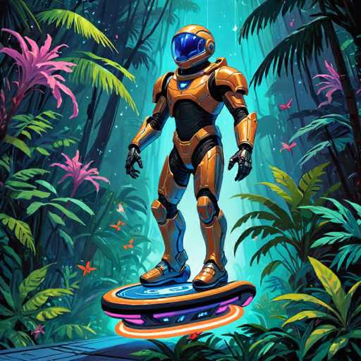 A futuristic, orange and black humanoid figure with a glowing blue helmet stands on a levitating, glowing platform in a vibrant, lush jungle setting. The style is highly stylized and digital art-like, with vivid neon colors and a slightly fantastical atmosphere.