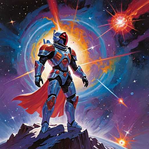 A lone, futuristic knight in a gleaming blue and red power armor stands on a rocky peak amidst a swirling, vibrant cosmic scene. The knight faces forward, cape billowing in the wind, with glowing energy beams radiating from behind. The artwork is highly detailed and illustrative, reminiscent of a science fiction comic book cover, emphasizing a sense of epic scale and adventure.