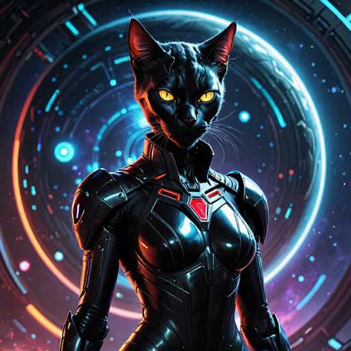 A sleek, black cat-like cyborg stands centered against a vibrant, futuristic backdrop. The subject is clad in a glossy, dark suit with glowing red accents and sharp, angular details. Its yellow eyes glow intensely, contrasting with the dark fur. The background features a swirling, neon-lit circular design with blue and orange energy patterns, creating a dynamic, cyberpunk aesthetic. The overall style is digital art, emphasizing sharp lines and vibrant colors.