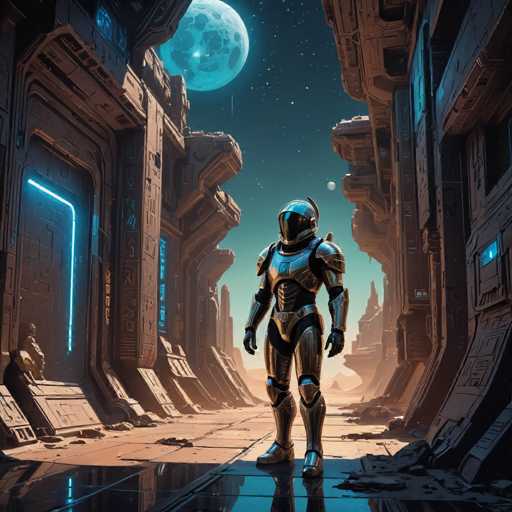 A lone, futuristic astronaut in a sleek, dark-colored suit stands on a reflective, metallic platform within a vast, ancient, and geometrically complex alien structure. The scene is bathed in a cool, ethereal light from a large, glowing blue moon hanging in the dark sky. The overall art style is highly detailed and futuristic, with a focus on intricate architectural design and a sense of vast, otherworldly scale.