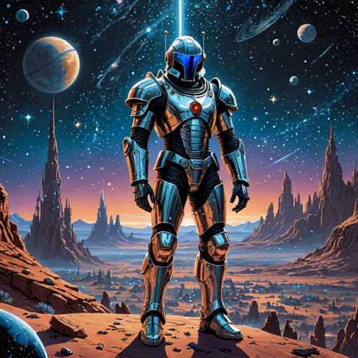 The image depicts a futuristic scene set on a rocky terrain with mountains and planets in the background. At the center of the image is a robot standing tall on a cliff, wearing a silver suit that includes a helmet and boots. The robot's arms are outstretched as if ready to interact with its surroundings or perhaps explore the planet beyond.