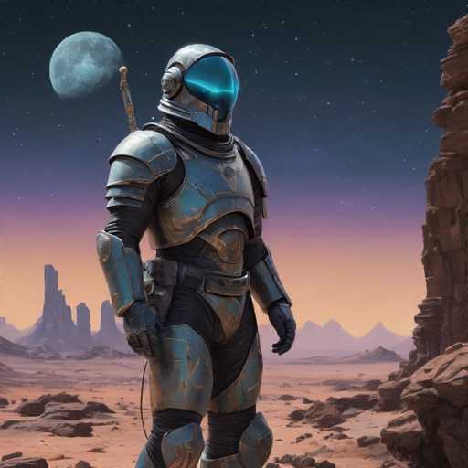 A lone, futuristic astronaut in a teal and dark gray spacesuit stands on a desolate, reddish-brown alien landscape under a dusky sky. A large, partially visible moon hangs in the sky, casting a soft glow on the scene. The astronaut is positioned in the foreground, facing right, with their helmet reflecting a blue light. In the background, jagged rock formations rise towards the horizon under a starry sky with a purple hue. The overall art style is digital painting, emphasizing a blend of science fiction and realistic textures with a slightly ethereal atmosphere.
