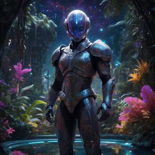 A lone, futuristic figure in a sleek, dark blue and silver power armor stands centered amidst lush, glowing alien flora. The figure's helmet obscures their face, revealing only a glowing blue visor. Soft, vibrant purple and pink flowers bloom around them, bathed in a soft, ethereal light emanating from the background. The overall style is a blend of science fiction and fantasy, with a focus on detailed textures and atmospheric lighting.