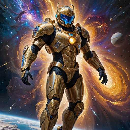 The image depicts a futuristic scene set against a backdrop of stars and planets. At the center is a person wearing a gold suit with blue accents, standing on a planet that appears to be in outer space. The suit features a helmet with a large sunburst at its center, and the person's face is obscured by a mask.
