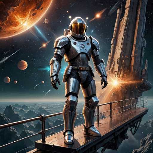 A lone, futuristic astronaut in a gleaming silver suit stands on a floating bridge amidst a breathtaking cosmic scene. The astronaut is positioned centrally, facing forward with hands slightly outstretched, creating a sense of scale and isolation. Behind them, a colossal, intricately detailed spaceship looms, partially obscured by the vastness of space and distant planets. The background is filled with a vibrant nebula, glowing planets, and streaks of light, all rendered in a highly detailed, digital art style with a focus on dramatic lighting and futuristic design.