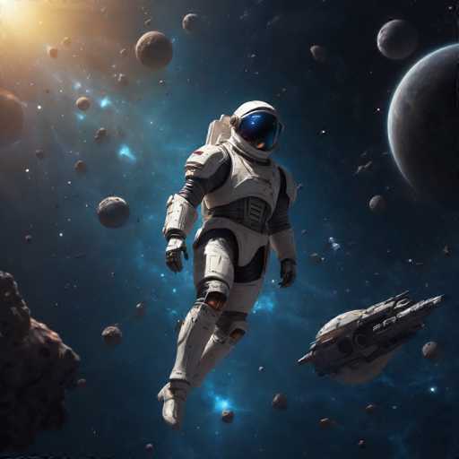 A lone astronaut in a white spacesuit floats amidst a vibrant, scattered celestial scene. Several planets of varying sizes and textures drift in the dark space, some with visible craters. A sleek spaceship hovers nearby, while a large asteroid looms in the background. The overall style is a blend of realistic and slightly fantastical, with a focus on depth and cosmic wonder.