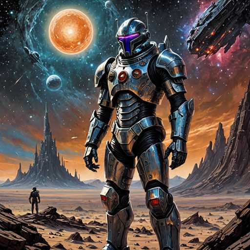 A lone, heavily armored figure stands in a desolate, alien landscape under a vibrant, otherworldly sky. The foreground features the imposing robot, with a smaller figure in the distance. A colossal, orange planet dominates the sky, surrounded by swirling nebulae and distant moons. The art style is a blend of futuristic sci-fi and digital painting, emphasizing dramatic lighting and a sense of vastness.