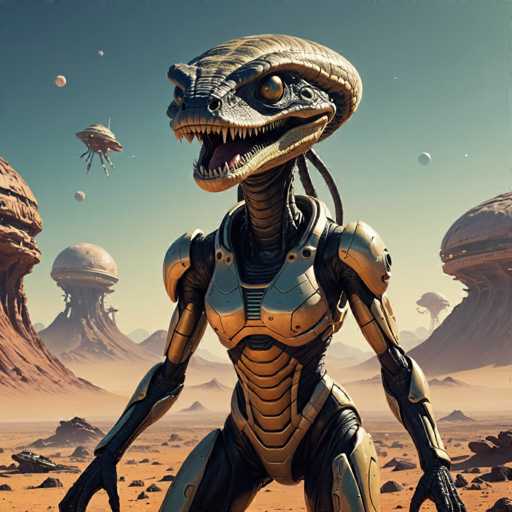 A humanoid alien figure with a reptilian head and metallic body stands in a desolate, reddish-brown desert landscape. The alien is positioned centrally, facing forward with outstretched arms, while several futuristic spacecraft float in the background. The overall art style is a blend of science fiction and digital illustration, with a focus on detailed textures and a slightly surreal atmosphere.