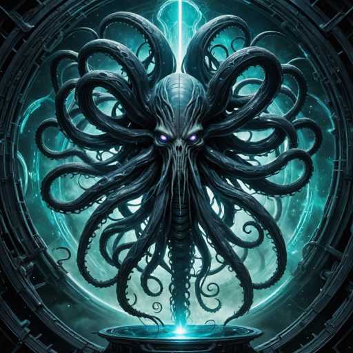 A colossal, dark, tentacled creature dominates the frame, its body a swirling mass of black tentacles with glowing purple eyes. It's positioned centrally within a circular, futuristic metal structure emitting a vibrant teal energy aura. The tentacles curl and intertwine, creating a sense of immense power and otherworldly presence. The art style is highly detailed and digital, with a focus on intricate textures and dramatic lighting, evoking a science fiction or fantasy aesthetic.