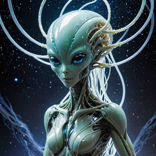 A serene, close-up portrait of an alien figure dominates the image. The central subject is a humanoid being with smooth, teal-colored skin and large, luminous blue eyes. Delicate, glowing tendrils extend from its head, resembling antennae or hair. The figure's body is intricately detailed with a mix of organic and mechanical elements, suggesting advanced technology. The background is a dark, starry expanse with subtle blue energy patterns, creating an otherworldly atmosphere. The overall art style is digital painting, emphasizing a blend of futuristic and ethereal aesthetics with a focus on soft lighting and intricate textures.