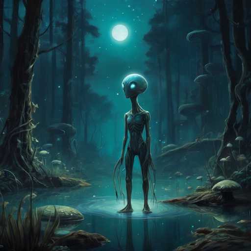 A lone, slender alien figure stands in a still, moonlit swamp within a dark forest. The alien's smooth, teal skin and large, black eyes contrast with the muted blues of the water and surrounding trees. The scene is bathed in a cool, ethereal light, emphasizing the alien's otherworldly presence and the mysterious atmosphere of the deep woods. The art style is a blend of digital painting and fantasy illustration, with a focus on atmospheric detail and subtle lighting.