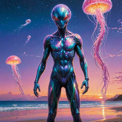 The image depicts an alien standing on a beach at sunset with three jellyfish floating around it. The alien is wearing a metallic suit and has large eyes that reflect the warm glow of the setting sun.