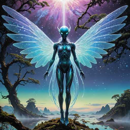 A serene, ethereal scene unfolds with a glowing, blue-skinned winged figure as the central focus. The figure stands on a mossy, rocky platform amidst a misty landscape of distant mountains and glowing trees. The art style is fantastical and dreamlike, with soft lighting and a focus on delicate, translucent wings. The overall composition emphasizes tranquility and otherworldly beauty.