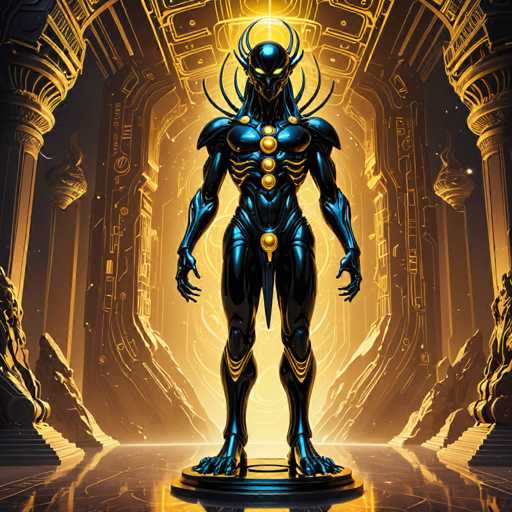 The image depicts a statue of a creature with blue skin and yellow horns standing on a pedestal in the center of a room filled with columns and arches. The creature is depicted from the front, facing towards the viewer, giving a clear view of its features. The background is dark and illuminated by a bright light source, creating a dramatic effect that highlights the statue's presence.