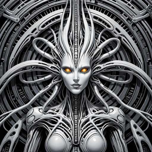 The image depicts a futuristic woman with an intricate and complex design on her face and body. The woman's features include large eyes and a prominent nose, giving her a striking appearance. She is wearing a white bodysuit that contrasts with the black background of the image. The woman appears to be in motion or about to move, as suggested by the blurred lines surrounding her.