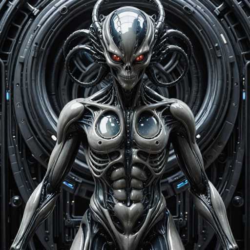 A metallic, skeletal cyborg figure dominates the frame, its polished silver body intricately detailed with mechanical components and glowing red eyes. The figure's head is a skull-like structure adorned with tendrils, and its body features visible ribcage and intricate mechanical details. The background is a dark, circular design with glowing blue accents, creating a futuristic and slightly ominous atmosphere. The overall art style is highly detailed and digital, emphasizing intricate textures and a dark, industrial aesthetic.