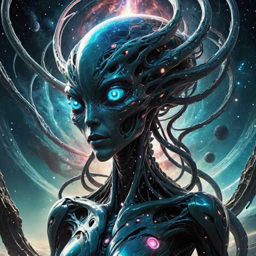 A strikingly detailed, futuristic humanoid figure dominates the image. The subject is a being with a sleek, dark blue, almost metallic body adorned with intricate, glowing blue and pink organic-looking structures.  Its head is elongated, featuring large, piercing blue eyes that seem to glow with an inner light.  The figure's body is adorned with swirling, tendril-like appendages that extend outwards, creating a sense of otherworldly power and complexity. The background is a vibrant, cosmic expanse with swirling nebulae in shades of blue, purple, and pink, punctuated by distant planets. The overall art style is highly digital and fantastical, emphasizing intricate detail and a sense of advanced technology blended with organic forms. The composition is dramatic, focusing on the figure's intense gaze and the vastness of the cosmic setting.