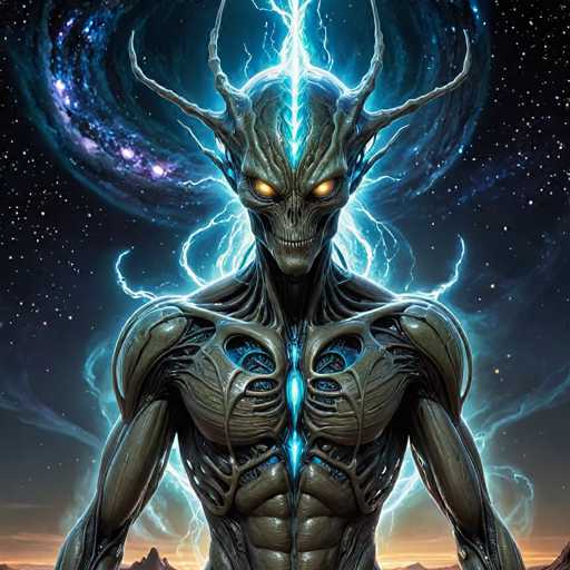 A colossal, otherworldly being dominates the image. Its skeletal form is a dark, organic structure crackling with vibrant blue energy, resembling a fusion of a skull and a biomechanical entity. Jagged, antler-like protrusions crown its head, while glowing yellow eyes pierce the darkness. The being is enveloped in a swirling, cosmic nebula of blue and purple, with crackling energy emanating from its chest. The overall style is a blend of science fiction and fantasy, with a focus on dramatic lighting and intricate detail.