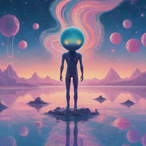 The image depicts an alien figure standing on a rock formation with its head tilted upwards and eyes open wide. The background features a sky filled with floating planets of various sizes and colors, creating a sense of depth and dimension to the scene.