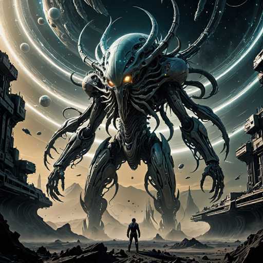 The image depicts a futuristic scene with a robot-like creature standing on the right side of the frame and facing towards the left. The creature has multiple arms and legs, giving it an imposing appearance. In front of the creature is a human figure wearing a backpack, suggesting they are exploring or studying this alien species. The background features a sky filled with planets and stars, creating a sense of depth and vastness to the scene.