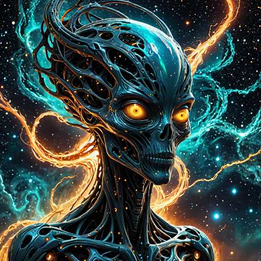 A surreal, alien being with a metallic skull and glowing orange eyes dominates the image. Its body is a complex network of dark, intricate lines, interwoven with vibrant teal energy streams and fiery orange tendrils. The background is a dark, star-speckled void, emphasizing the otherworldly nature of the figure. The art style is digital painting with a focus on dynamic, flowing lines and intense color contrasts, creating a sense of cosmic power and otherworldliness.