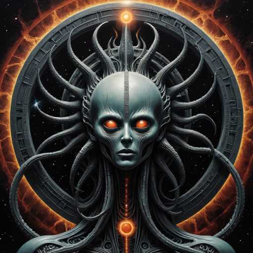 The image depicts an alien-like creature with a large head and long tentacles, standing against the backdrop of a black circle filled with orange flames. The creature is positioned centrally within the frame, facing towards the right side of the image.