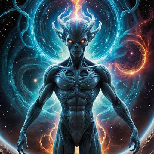 The image depicts an alien-like creature with a blue body and red horns standing in the center of a vibrant space filled with stars and planets. The creature is facing towards the right side of the image, giving the impression that it's looking directly at the viewer.
