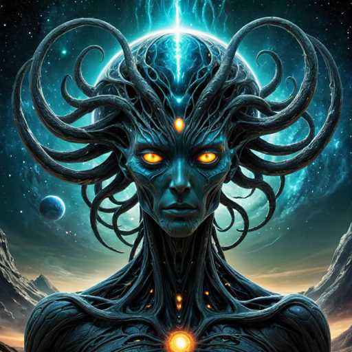 A cosmic, otherworldly being dominates the image. The central figure is a humanoid entity with a dark, organic-looking body adorned with glowing, tentacle-like structures. Its face is strikingly alien, with piercing orange eyes and a serene expression. A glowing orb emanates from its chest, surrounded by swirling energy. The background is a vibrant, dark space with distant planets and nebulous clouds, creating a sense of vastness and cosmic power. The art style is highly detailed and fantastical, leaning towards a digital painting aesthetic with a focus on intricate textures and dramatic lighting.