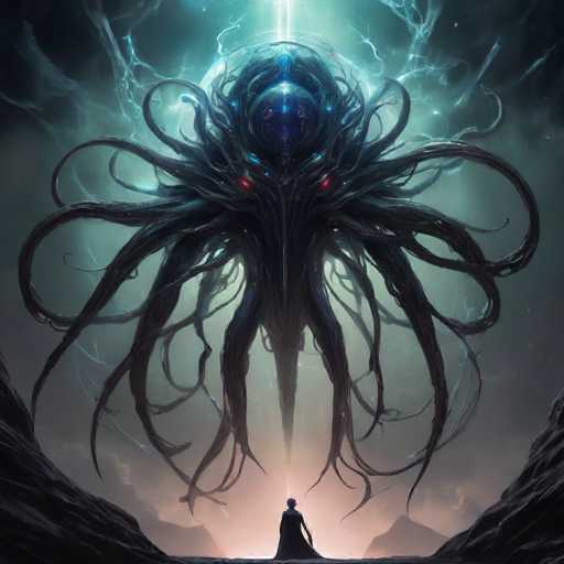The image depicts a large, dark-skinned creature with multiple arms and legs, resembling a squid or octopus, with its tentacles extending outwards. The creature is surrounded by an ethereal glow that illuminates the scene, creating a surreal atmosphere. In the foreground, there are two individuals standing in front of the creature, one wearing a robe and holding a staff, while the other person appears to be in awe or fear of the creature's presence.