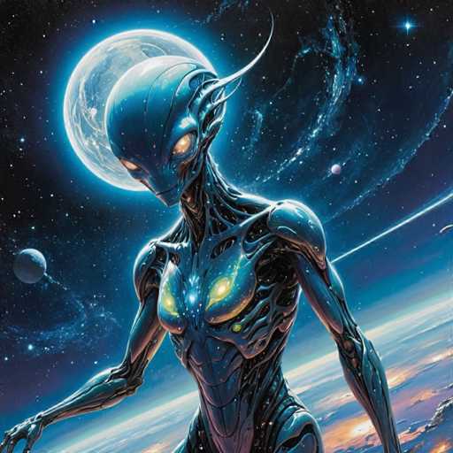 The image features a strikingly alien humanoid figure, predominantly blue and metallic, with large, glowing orange eyes. It's positioned against a vibrant, deep space backdrop filled with swirling nebulae and distant planets. The figure's body is intricately detailed, suggesting a biomechanical or advanced organic design. A large, luminous moon-like celestial body dominates the upper left, partially obscured by swirling cosmic dust. The overall art style is highly detailed and fantastical, leaning towards a science fiction aesthetic with a focus on otherworldly beauty.