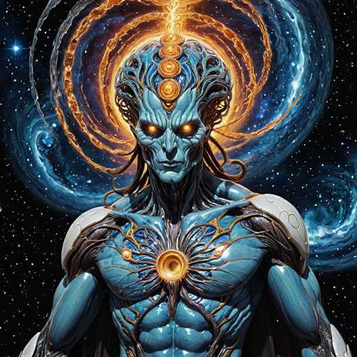 The image depicts an alien-like creature with a blue body and white wings, standing against the backdrop of a starry night sky filled with swirling clouds. The creature is adorned with a large golden headdress that features multiple circles and lines, giving it a celestial appearance. The creature's arms are spread out in front of its chest, and its legs are crossed at the ankles.