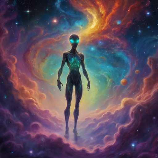 The image depicts an alien figure standing on a cloud-like structure amidst a vibrant display of colors and shapes. The alien has a green head with blue eyes that seem to glow against the backdrop of the colorful nebula surrounding it. The nebula is a swirling mass of pink, orange, yellow, and purple hues, creating a sense of depth and dimension in the image.