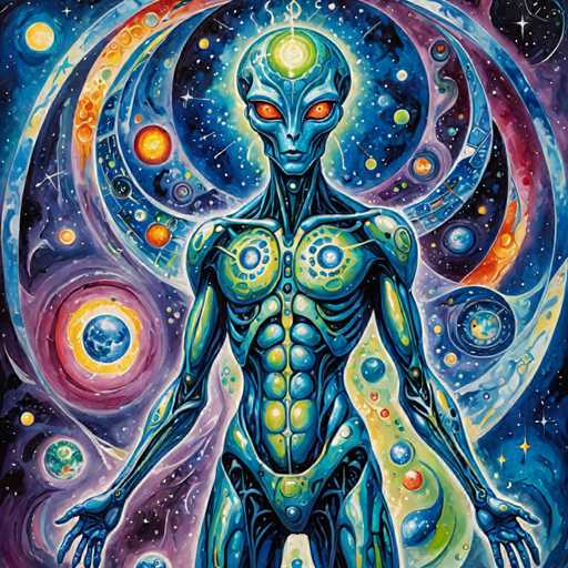 The image depicts a humanoid alien figure, predominantly teal and gold, radiating an otherworldly aura. The central figure is surrounded by swirling cosmic patterns of vibrant blues, purples, and oranges, suggesting a vast, energetic universe. The alien's large, glowing red eyes draw focus, while intricate geometric patterns adorn its body, hinting at advanced technology or a non-human biology. The overall style is psychedelic and fantastical, with a focus on vibrant color and dynamic composition.