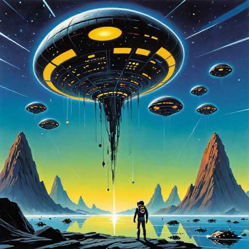 The image depicts an alien spaceship hovering over a rocky landscape with mountains and islands in the background. A lone figure wearing a white spacesuit stands on a cliff overlooking the scene below. The colors used in the painting are predominantly blue, green, and brown, creating a sense of depth and vastness.