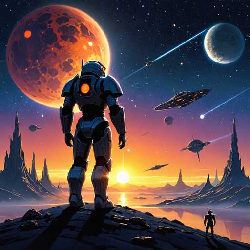 The image depicts an alien standing on a rocky cliff overlooking a vast landscape filled with various planets and stars. The sky is painted in shades of orange and purple, creating a surreal atmosphere. In the foreground, there are two individuals present - one person wearing a white helmet and another person dressed in black attire.