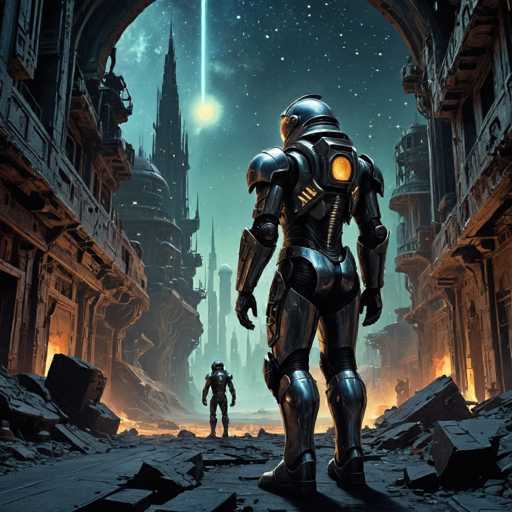 The image depicts two robots standing on a rocky terrain with buildings and towers in the background. The robot on the left is wearing a silver suit and helmet, while the one on the right has a yellow helmet and a silver suit. Both robots are equipped with large arms that extend outwards from their bodies.