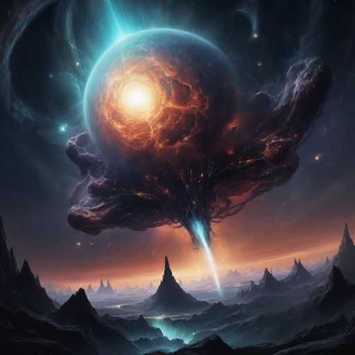The image depicts an alien planet with a large ball-like structure emitting a bright blue light at its center. The planet is surrounded by mountains and other celestial bodies, creating a sense of depth and vastness in the scene. The colors used are predominantly dark and muted, with occasional pops of color from the glowing orb and the distant stars.