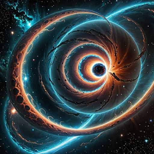 The image depicts an abstract representation of a black hole at its center, surrounded by swirling blue and orange lines that create the illusion of a spiral galaxy. The background is filled with stars and other celestial bodies, contributing to the overall cosmic theme.