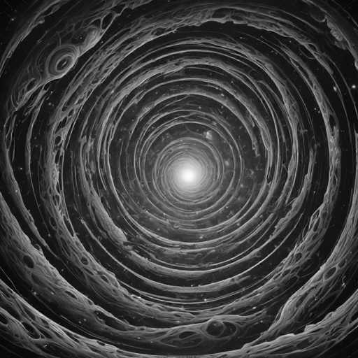 The image is a black and white photograph that depicts an abstract spiral pattern composed of numerous small holes arranged in a circular fashion. The spiral appears to be emanating from the center, creating a sense of depth and dimensionality. The background is dark, which further accentuates the stark contrast between light and shadow within the image.