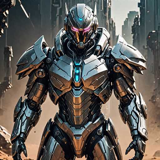The image shows a futuristic robot with a silver body and blue accents, standing in front of a backdrop of rubble and buildings. The robot is wearing a helmet with a large visor that has a pink glow on it, giving the impression of fire-breathing flames.