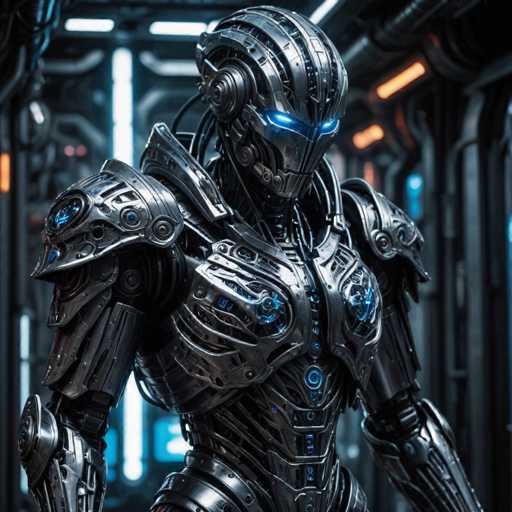 A sleek, dark metallic robot dominates the frame, its intricate, angular design showcasing a futuristic aesthetic. The robot's head features glowing blue eyes, and its body is adorned with glowing blue accents, suggesting advanced technology. The background is a blurred industrial setting with glowing neon lights and metallic structures, emphasizing the robot's mechanical nature. The overall style is a blend of cyberpunk and sci-fi, with a focus on detailed textures and dramatic lighting.