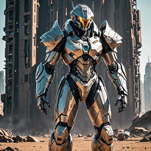 The image shows a silver robot standing on a rocky terrain with buildings and other structures in the background. The robot is wearing a helmet that has a yellow visor and is equipped with a gun on its head.