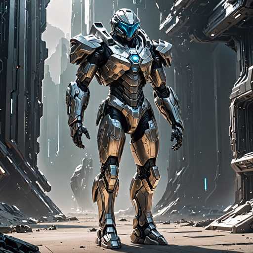 The image shows a silver robot standing on a rocky terrain with its arms and legs spread out in front of it. The robot is wearing a helmet that has a blue light at the top and a silver body. In the background, there are tall buildings made of gray metal, giving an impression of a futuristic cityscape.